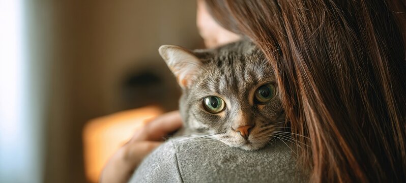 The cat with green eyes resting on a woman's shoulder in warm embrace