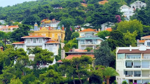 View of one of the beautiful Princes' Islands - Buyukada in the Sea of ​​Marmara, with comfortable houses for rest and relax, Istanbul, Turkey. Island travel concept for vacations on the coast.
