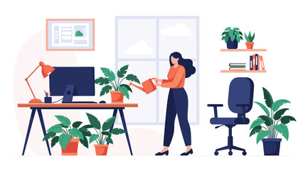 Woman watering various indoor plants in her home office to create a healthy work environment and maintain a work life balance.