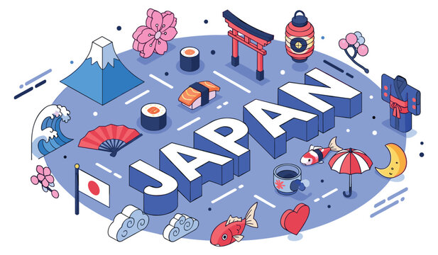 Japan cultural icons: sushi, cherry blossoms, torii gate, koi fish, and mount fuji