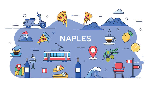 Illustrated symbols of naples including pizza, coffee, and italian landmarks