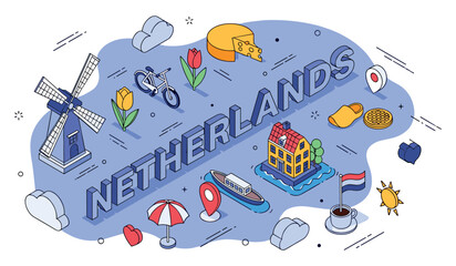 Naklejka premium Netherlands icons: windmill, tulip, cheese, bicycle, canal house, dutch flag