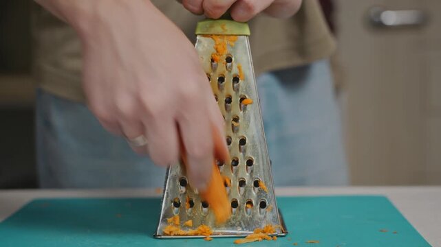 Close-up shot of hands grating a carrot on a kitchen grater. Detailed food preparation, vegetable processing and everyday domestic cooking routine. High quality 4k footage