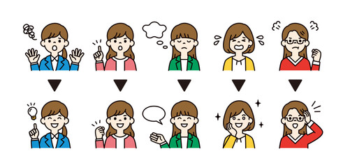 悩む・トラブル解消する若い女性社員のシンプルな表情 ・ポーズのアイコンイラスト素材セット