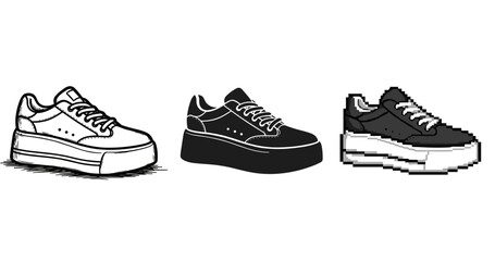 Trio of sneakers in sketch, silhouette, and pixel art styles