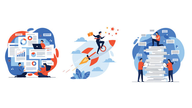 Dynamic business concepts including teamwork growth through a rocket launch and handling a high volume of paperwork for corporate development.