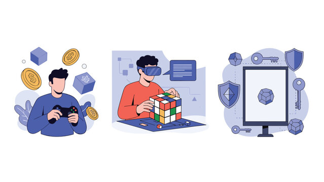 Modern technology concepts showing people gaming and using virtual reality for solving complex puzzles and securing digital information.