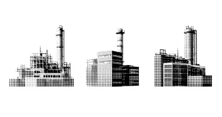 Obraz premium Halftone industrial cityscape with three factory silhouettes