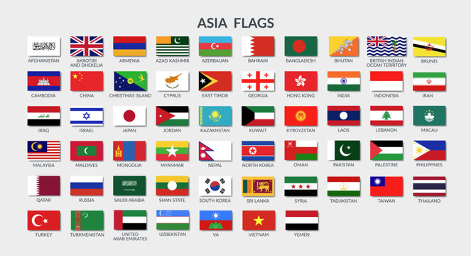 Flags of Asian countries. Set of vector cliparts in flat style.	