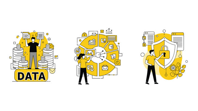 Set of concepts for data management including storage protection and analysis featuring professionals in yellow and black.