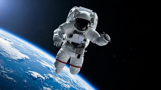 Astronaut floating in outer space with Earth visible below in a cosmic exploration adventure