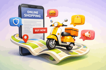 Naklejka premium 3D E-commerce Fast Delivery Concept: Online Shopping App Interface, GPS Map, and Yellow Delivery Scooter Service
