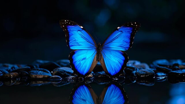 Vibrant blue morpho butterfly perched on wet dark stones with reflection