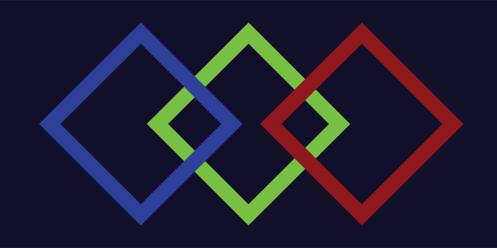 A 3D rendered repeating interlaced diamond pattern in red, blue and green