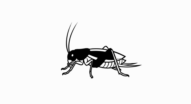 A black and white outline drawing of a grasshopper with long antennae