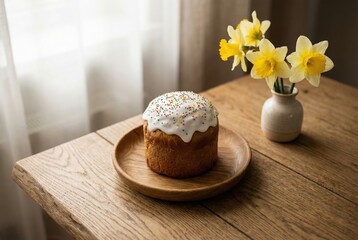 Traditional cake with icing on wooden plate beside daffodils  easter