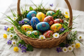 Colorful Easter eggs in a woven basket with flowers and greenery  