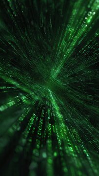 Immersive green digital data stream tunnel with high speed motion