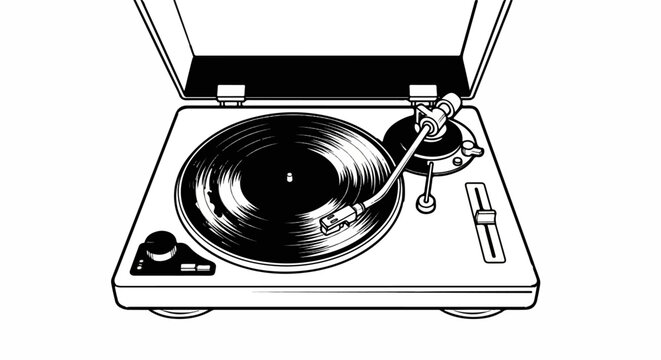 A black and white illustration of an open turntable with a record playing
