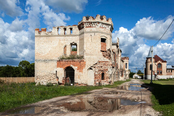 The stable building (left) and the cattle building (right) of the farmstead. Muromtsevo Estate. A 19th-century architectural monument in the neo-Gothic style. Muromtsevo, Vladimir Oblast, Russia