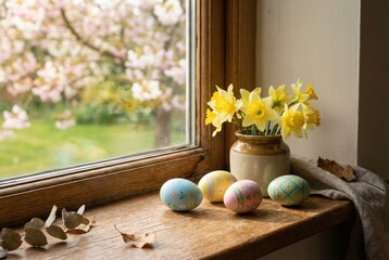 Colorful Easter eggs and daffodils on wooden windowsill in spring  