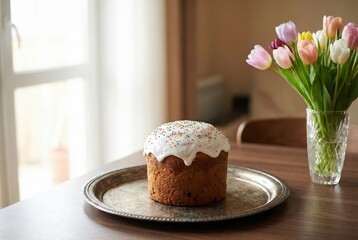 Easter cake with icing displayed on a wooden table with flowers  