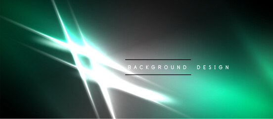 Abstract background features vibrant teal, gray gradients. Bright white lines create dynamic light effects, modern design aesthetic.