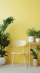 Fototapeta premium Empty wooden chair and green plants against a vibrant yellow wall