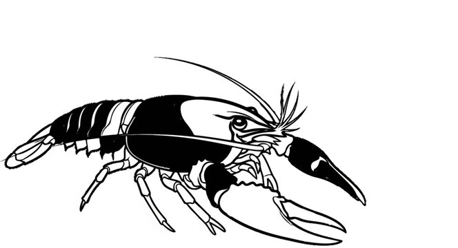 A black and white ink sketch of a crustacean with segmented tail and large claws