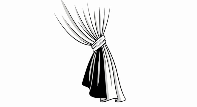A black and white illustration of a draped curtain tied with a band