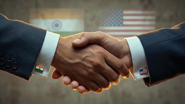 Close up of handshake between india and usa with flag cufflinks on suit sleeves