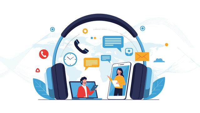 Global customer support and telecommunication services featured with a large headset over digital connectivity icons.