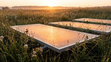 Solar energy trapped in glass panels in green meadow at sunrise light