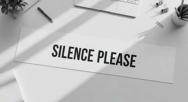 Minimalist Workspace Scene Featuring a 'Silence Please' Sign, Promoting Quiet