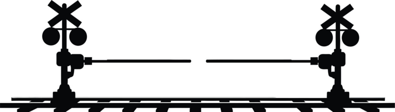 Railway crossing signal depicted in stark black against a white background silhouette