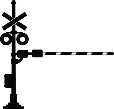 Railway crossing signal with barrier stark black and white silhouette