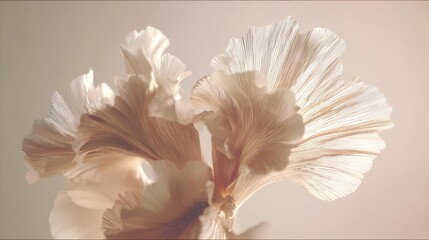 Close-up of unfurling delicate white silk flower petals revealing intricate texture and soft light