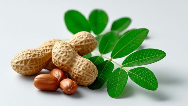 Peanuts and hazelnuts arranged artistically on a white surface with vibrant green leaves, showcasing the natural textures and colors of the nuts and foliage