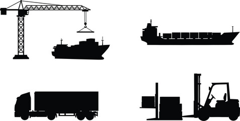 Obraz premium Construction crane cargo ship and truck in a dramatic black silhouette