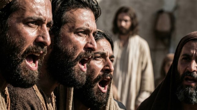 Men shouting with open mouths, demanding choice of Barabbas during a historical religious scene. Biblical events from the Passion of Christ for Easter.