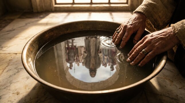 Pontius Pilate washing his hands of responsibility for decision. Man washing hands in a bowl, reflection of Jesus and a crowd.