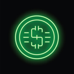 Obraz premium Green neon sign showing a dollar coin currency on a black background