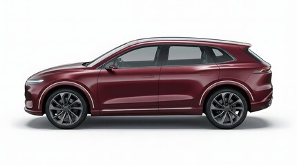 Side view of a futuristic burgundy electric SUV isolated on white. Modern unbranded aerodynamic vehicle with metallic paint, sleek LED lights, and clean design for commercial automotive concepts.