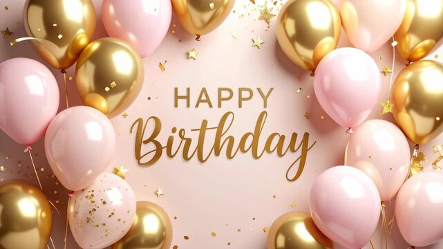 Elegant gold and pink balloons with Happy Birthday text and confetti celebration