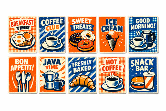 Vintage Food and Coffee Poster Set. Retro Diner Sign Collection with Breakfast, Donuts, Ice Cream, Hot Coffee, and Snack Bar Graphics in Grunge Style.