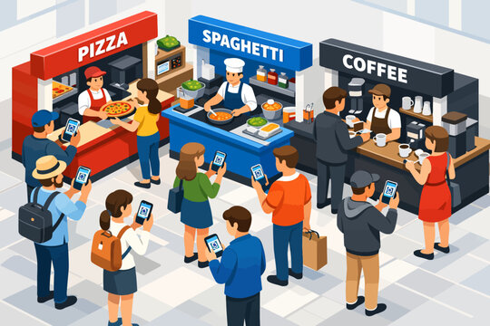 Digital Food Court Ordering: Isometric illustration of customers using mobile phones and QR codes for payment and service at fast food stands (Pizza, Spaghetti, Coffee).