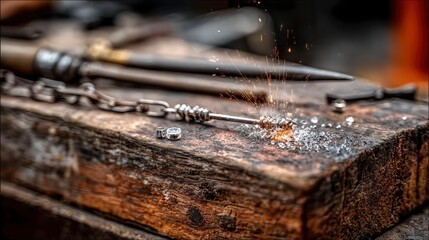 Detailed Close-Up of Rough Weathered Wooden Table with Sparks