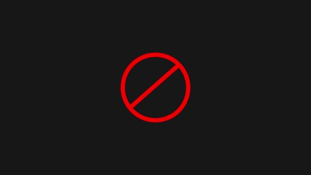 Animation of appearing and disappearing circular prohibition sign crossed out in red on blue background, green background, transparency and white background in flat design style