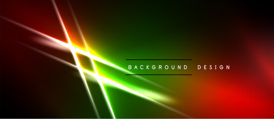 Abstract neon lines over dark background. Vivid red, green, yellow colors create dynamic visual effect. Modern design element.
