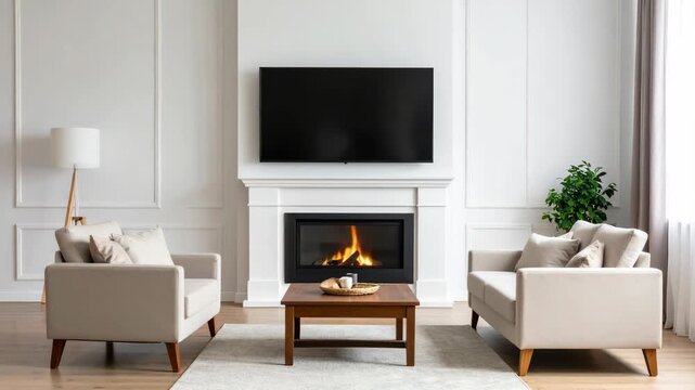 Modern living room with fireplace, television and comfortable seating
